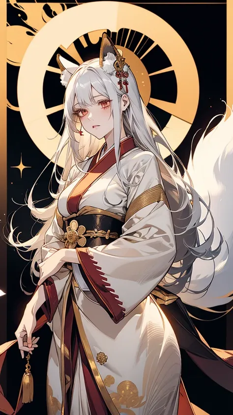 Kitsune girl,hime cut,silver eyes,gold white and red tones japanese cloth, geisha dress theme sun&moon , traditional japanese , long white hair,silver fox ears, have kitsune tail, beautiful woman, silver eyes, elegant, young adult beautiful