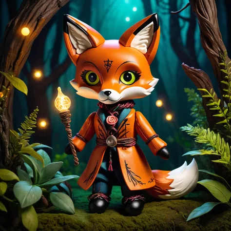 (knitted toy voodoo doll:1.7), (voodoo fox:1.8), (Clothing: enchanted robes with mystical symbols:1.0), (Accessories: magical talisman, glowing runes, enchanted staff:1.2), (Background: magical forest with glowing plants and floating orbs:1.2), (full body:...