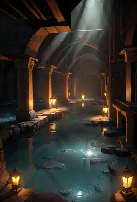 fantasy mine, dimly lit, flooded floor