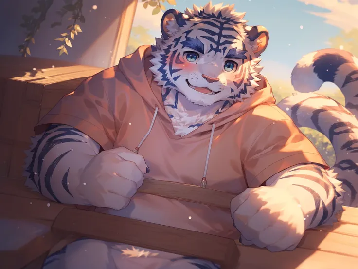 (Imagine:1.5), solitary, anthropology, hairy, hairy male, tiger, ((Fluffy fur, Fluffy, hairy body)), (Snow leopard print), (thick eyebrows), youth, muscular, The skin is white and big, Blue-gray pupils, Detailed teeth, , sideways, 害羞expression, 淡淡的Smile, b...