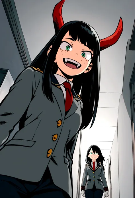 Screenshot of boku no hero academia, beautiful dragon girl with four red horns a long red dragon tail, green eyes, freckles on her face, long straight dark black hair with side bangs walking down a school hallway, with uniform with red tie and gray jacket ...