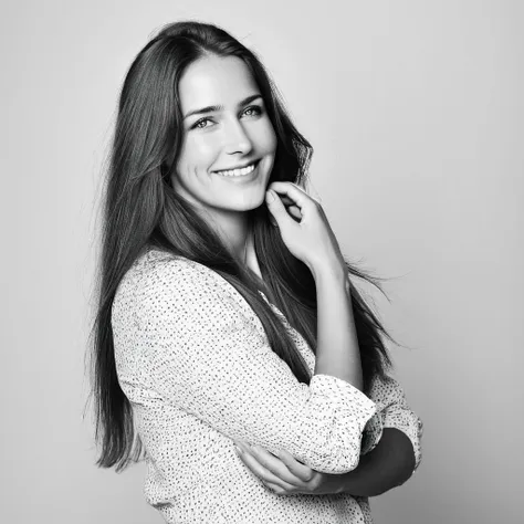 black and white  photoshoot of stefannie joosten posing in profile. long straight hair falling freely. her expression is joyful ...