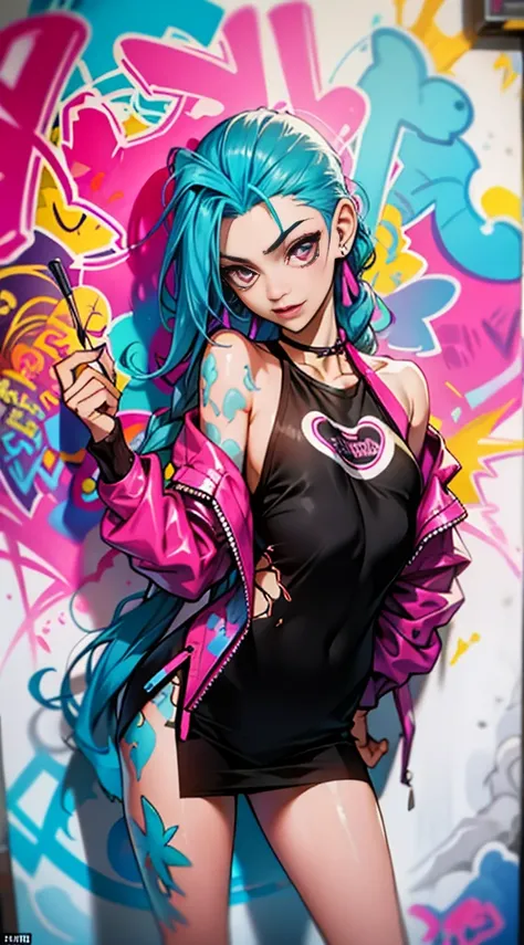 Vibrant graffiti: Adorning the walls surrounding Jinx, vibrant graffiti depicts her misadventures, adding a touch of urban artistry to the scene.