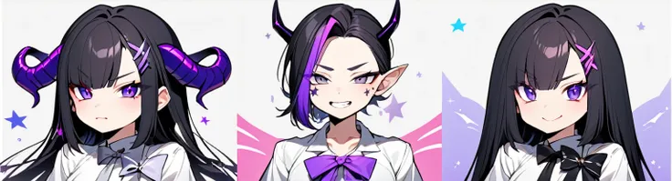 A girl with long black hair with straight bangs, with hair cut at the ends. Two large strands in the front, one bigger than the other. A rebel thread. A small white streak in your bangs. Two demon horns, one purple and one black, both with a dark purple st...