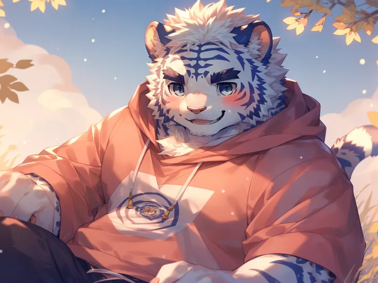 (Imagine:1.5), solitary, anthropology, hairy, hairy male, tiger, ((Fluffy fur, Fluffy, hairy body)), (Snow leopard print), (thick eyebrows), youth, muscular, The skin is white and big, Blue-gray pupils, Detailed teeth, , sideways, 害羞expression, 淡淡的Smile, b...