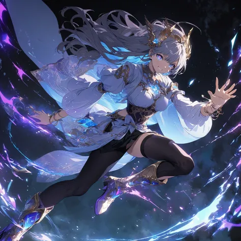 Create an image of a girl with the superpower Evasion Up. The background should be dark and dramatic, hinting at her power theme with sparks illuminating the character, enhancing the fiery and powerful scene. She should be in a dynamic pose that suits her ...