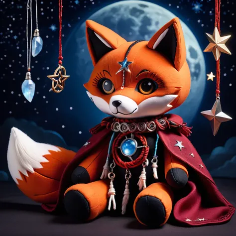 (knitted toy voodoo doll:1.7), (voodoo fox:1.8), (clothes with dream symbols, cloak:1.0), (Ghost Dreamcatcher, amulet with moonstone:1.1) (against the background of the moonlit sky with shadows and starlight:1.3), best quality, masterpiece, detailed soft o...