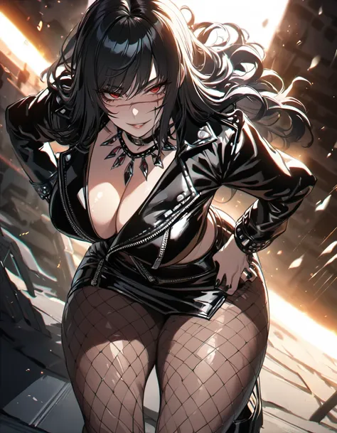 best quality, masterpiece, ultra-detailed, illustration, dynamic pose, yoru, yorucsm, face scar, red eyes, black hair, looking a...