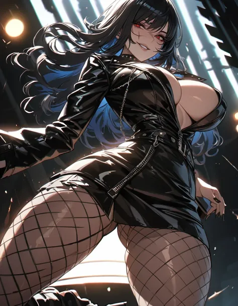 best quality, masterpiece, ultra-detailed, illustration, dynamic pose, Yoru, yorucsm, face scar, red eyes, black hair, looking at viewer, (evil smile), heavy eyeliner, (wearing a leather jacket, platform boots:1.2), adorned with studded accessories, (layer...