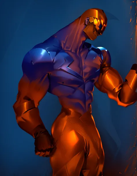 masterpiece, best quality, (extremely detailed CG unity 8k wallpaper), (best quality), (best illustration), (best shadow), muscular  man, he is wearing a shinny metal dark blue seal skin suit with shinny orange gloves, V shape on chest is orange color, he ...