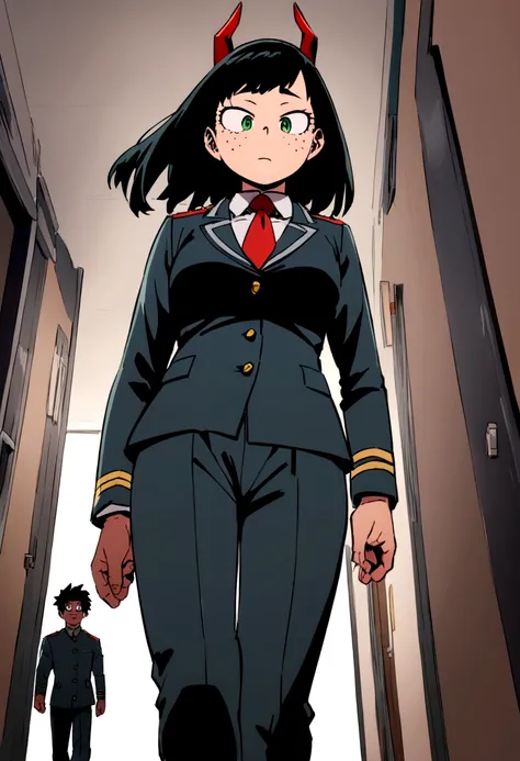 Screenshot of boku no hero academia, beautiful dragon girl with four red horns, green eyes, freckles on the face, long straight dark black hair with side bangs walking down a school hallway, wearing red tie uniform and gray jacket with a bored expression l...