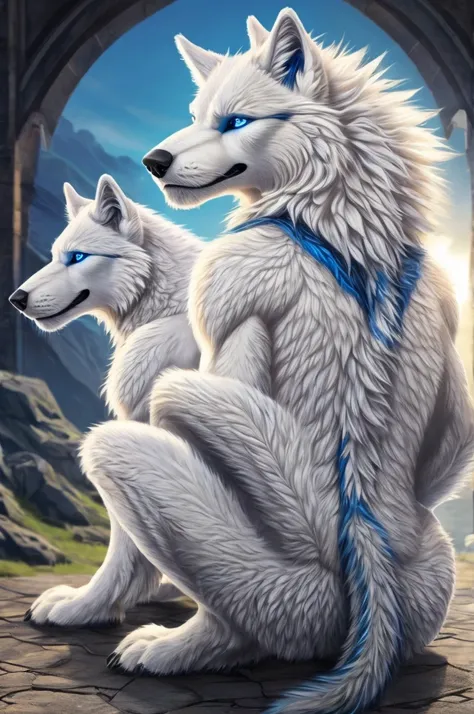 furry white wolf on his back squatting long fluffy tail blue backgrpund blue eyes 