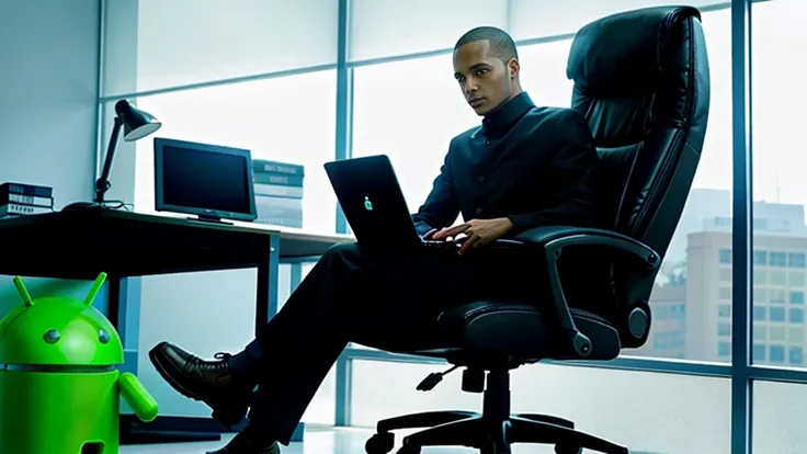 android, similar to the one in the movie "I Robot" sitting in a chair, at a desk, in front of the computer in his office