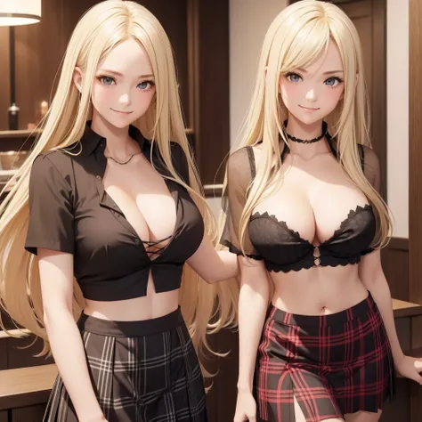 1girl only, smile, ((long blonde hair, Between dates.)), low-cut black top, ((cleavage is visible.)), medium breasts, black and red plaid skirt, sarcastic, shy, blushing, ((light skin) ),((short sleeves))