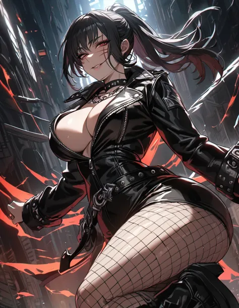 best quality, masterpiece, ultra-detailed, illustration, dynamic pose, Yoru, yorucsm, face scar, red eyes, black hair, looking at viewer, (evil smile), heavy eyeliner, (wearing a leather jacket, platform boots:1.2), adorned with studded accessories, (layer...