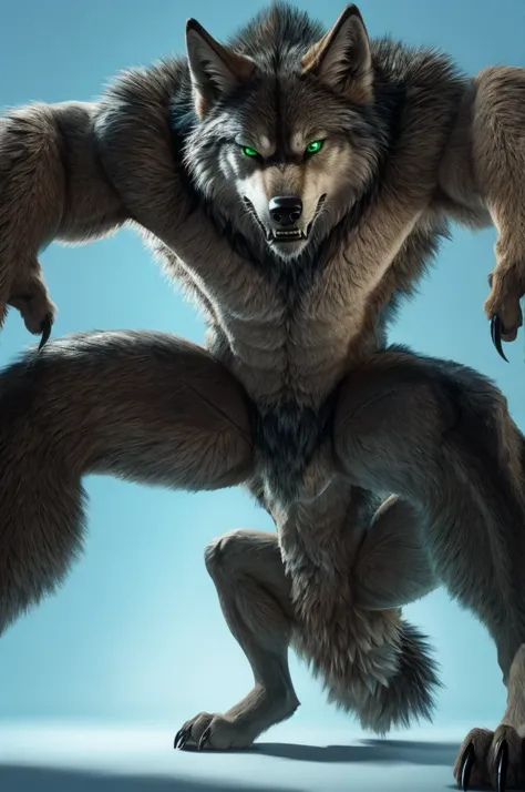 perspective from below wolf naked male furry legs apart looking down blue background squat pose green eyes serious look claws on...