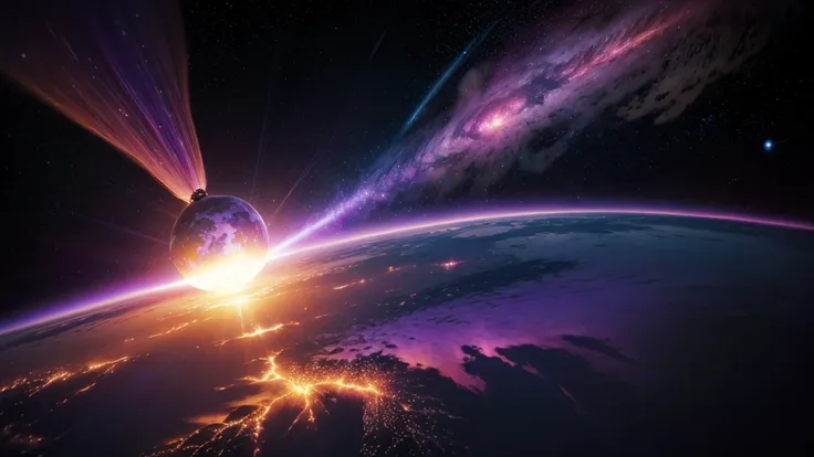 the planet earth burning  with a violet fire in space, and glows of color blue envovling all the planet, gold and pink. The glow expand to all universe., cinematic lighting, motion blur, god rays, ray tracing, reflection light, UHD, accurate, high quality