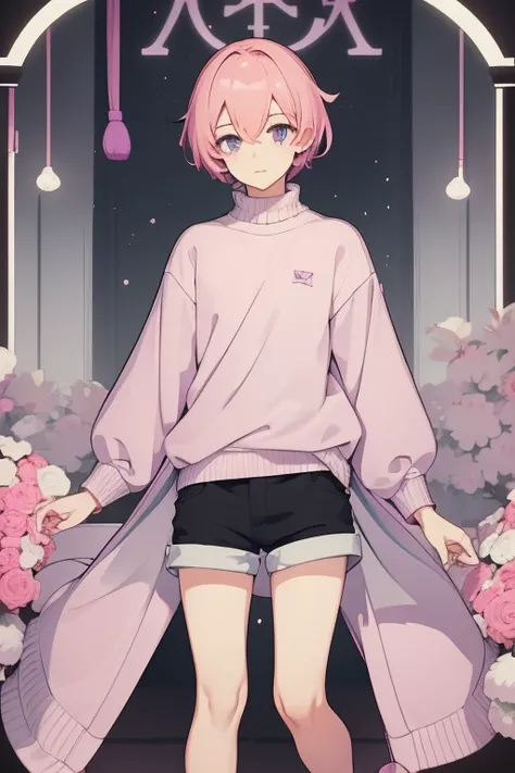 Young man, Pastel pink hair, purple eyes, address shirt, White sweater, shorts azules, long red stockings