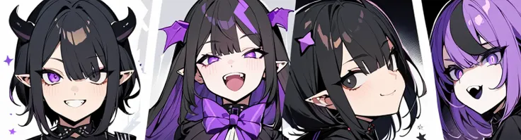 A girl with long black hair with straight bangs, with hair cut at the ends. Two large strands in the front, one bigger than the other. A rebel thread. A small white streak in your bangs. Two demon horns, one purple and one black, both with a dark purple st...