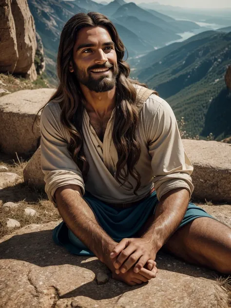 a portrait of jesus christ sitting on the floor of a mountainside. Jesus Christ is staring at the viewer with an affectionate smile and with his arms open. Jesus is wearing a tunic and has long hair, lightly tanned. highly detailed, photorealistic, 8k, cin...