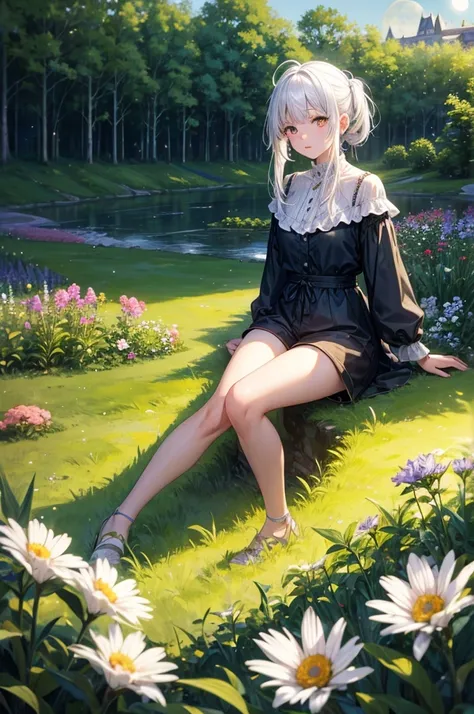 (masterpiece, top quality), A girl with white hair sits in a field of green plants and flowers, warm moonlight, Blurred foreground, change, River bank, shorts, Strange eyes