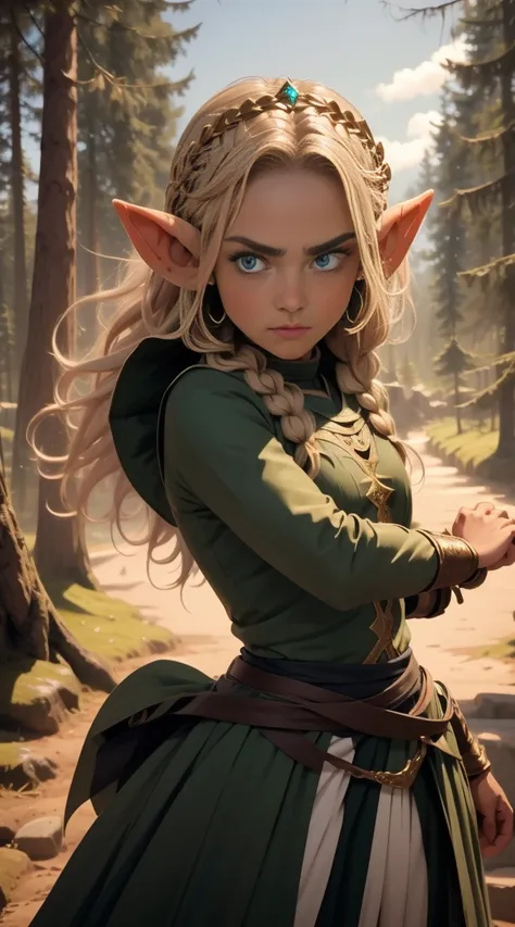 (an elven princess) adolescent, coraggioso, cruel, hair blonde, in a fighting stance. a disdainful face, cara maligna, green clo...