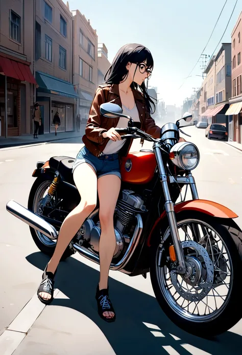 Make me a picture with a girl with long blue and black hair, Brown eyes,  and jacket taken with glasses r bottoms, he has jean shorts, near a motorcycle 