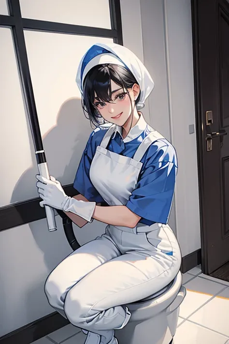 A black-haired mature woman wearing large white rubber gloves and white rubber boots, a blue short-sleeved shirt and blue slacks, a white cloth on her head, and a dirty, gentle smile as she cleans the toilet