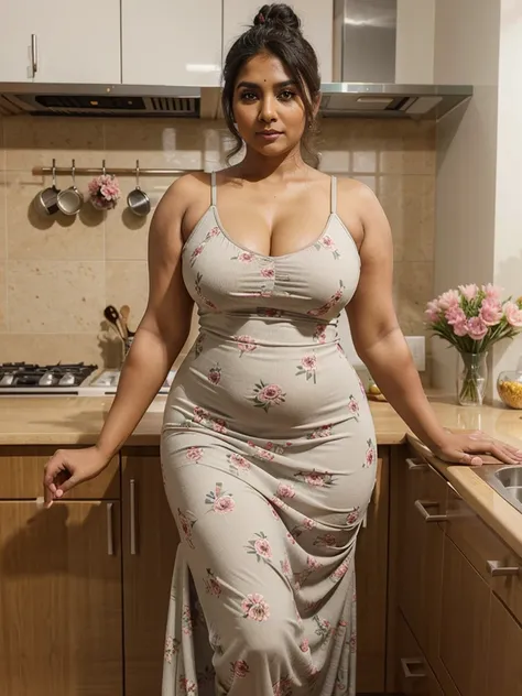 Sri lankan aunty 45 years old curvy body sexy figure fat body hairbun wearing flower pattern tight long  dress at kitchen 