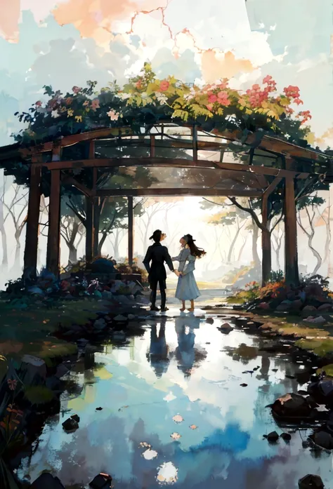 A watercolor painting of two people standing together, hands clasped, with a subtle gradient of colors in the background, evoking a sense of nostalgia and longing. The scene captures the quiet moments they share, with whispers and unspoken words. The style...