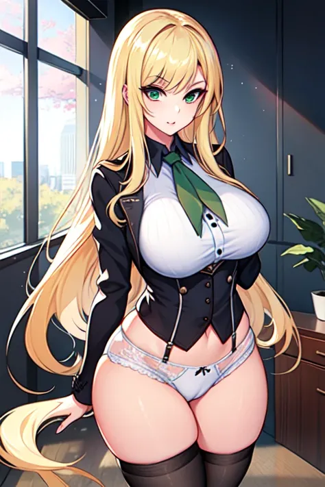 Create an anime girl with a black miniskirt, white underwear black stockings with a white blouse with suspenders, blonde with green eyes, wide hips and big breasts in a luxurious office setting