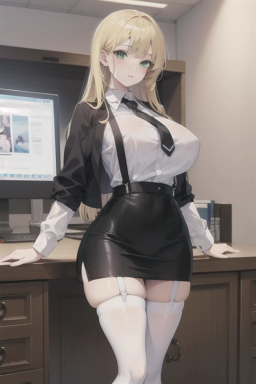 Create an anime girl with a black miniskirt, white underwear black stockings with a white blouse with suspenders, blonde with green eyes, wide hips and big breasts in a luxurious office setting