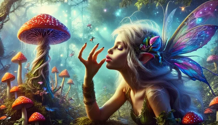 a pixie man kisses a tall fairy under a magic mushroom