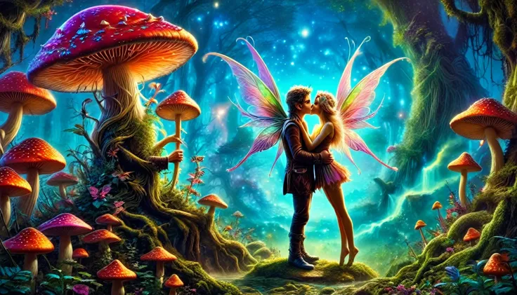 a pixie man kisses a tall fairy under a magic mushroom