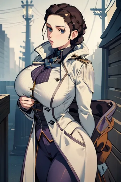 evie, ((masterpiece)), ((best quality)), (white long coat), coat on shoulders,white navy soldier uniform ,(epaulettes), purple s...