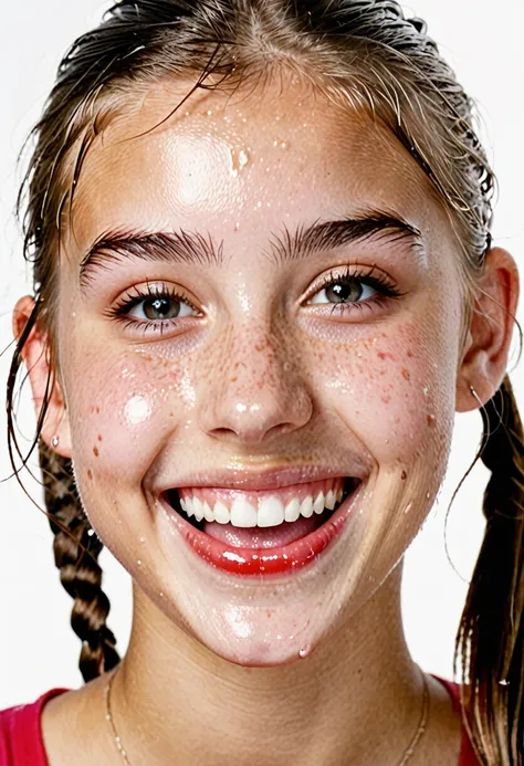 15 year old teenage girl with parted hair tied up wet on white background  showing tongue smiling  