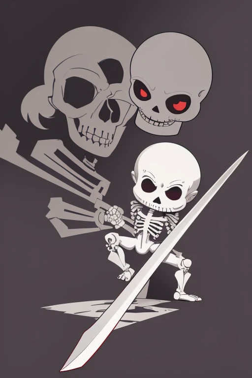 pop pop pop,skeleton,cute cute cute,cartoon character,chibi character,Break holding a sword in right hand,Break masterpiece,best quality,super detailed,super fine illustration,8k quality,anime style,detailed background,beautiful background,pop room