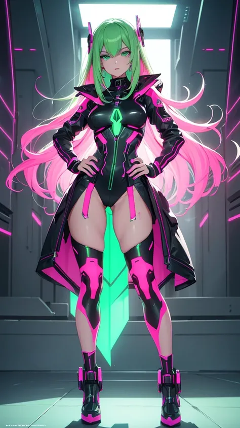 A woman in neon pink cybernetic outfit masterpiece, highest quality, (solo focus), (perfect face:1.1), (full body), (high detail:1.1), (hyper detailed eyes), dramatic, a woman with pale skin and long voluminous dark green hair, green eyes, solo, long hair,...