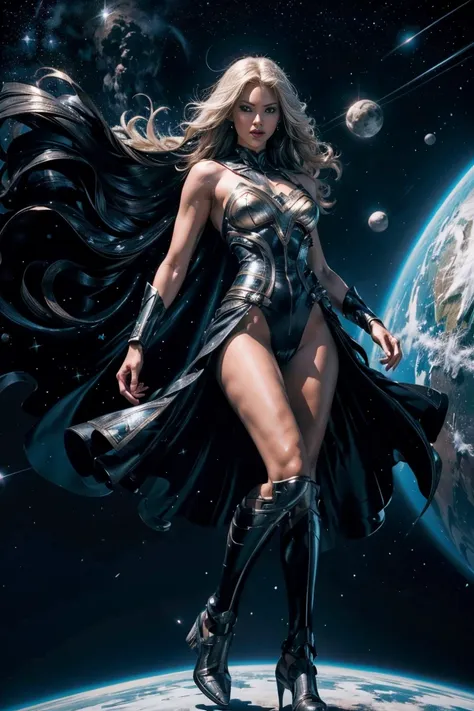 full body superheroine in black bodycon spandex outfit long blond hair blue eyes white skin floating in outer space in superhero...