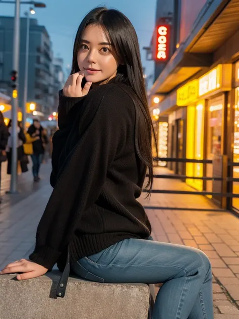 rie,One Woman,(best quality), (ultra detailed), (absolutely resolution),Face is front, 28 years old, Tongue licking, Long jacket and fitted jeans, The color of the clothes is mustard, The clothes have animal print patterns., Black Hair, Moonlit night beach