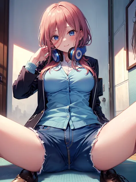 (8K, Highest quality, Highest quality, masterpiece), sit on the floor, (denim hot shorts), (mini shorts), big breasts, ((spread legs 1:2)), nm1, headphones around neck, long sleeves, blue cardigan, pantyhose, (fullbody), smile, school uniform, open jacket