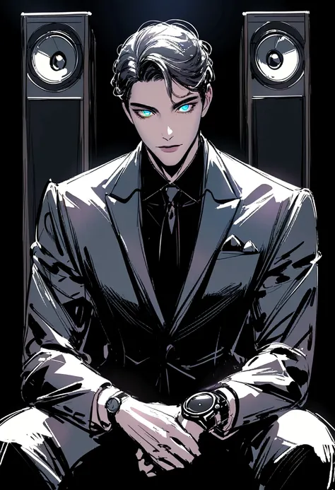 sketch, speaker, Man in suit, Sitting in the dark,  looking at his watch, sketch style with dark and mysterious tone, Natural, pastel, Detailed and realistic eyes, very handsome, beautiful