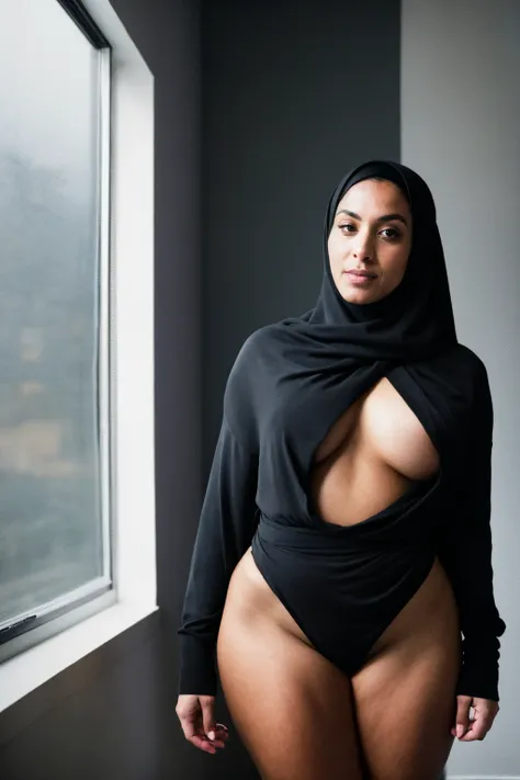 RAW photo,dark,moody,hazy atmosphere,35mm focal lenght,underexposed,cold,candid photograph,artistic,full body,photo of a beautiful,influencer,30yo Moroccan woman,black hijab,detailed skin,naked, looking at viewer, thick body structure,grey background,no ba...