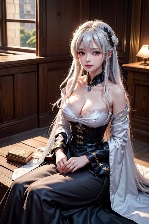 (Image above the chest)((masterpiece:1.5,Highest quality,Highly detailed images,Beautiful images、Realistic、Photorealistic、2.5D))(1girl, 独奏)(Adult women、large breasts, white hair, beautiful eyes、Beautiful cleavage)(Fantasy dresses、Fantasy Clothes、Black batt...