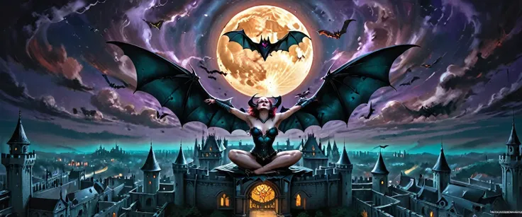 (Fine Art Illustration), 8k Resolution, (Intricate Details:1.2), Best Quality, Realistic, Ultra Detailed, Lighting from above, Best Shadows, Ultra HD, Busty Female Necromancer, Night Magic, Dark Style, Vampire Bats Flying in the Castle Background, Purple g...