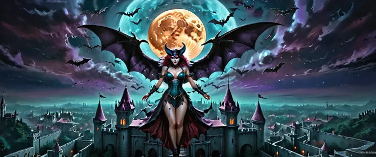 (Fine Art Illustration), 8k Resolution, (Intricate Details:1.2), Best Quality, Realistic, Ultra Detailed, Lighting from above, Best Shadows, Ultra HD, Busty Female Necromancer, Night Magic, Dark Style, Vampire Bats Flying in the Castle Background, Purple g...