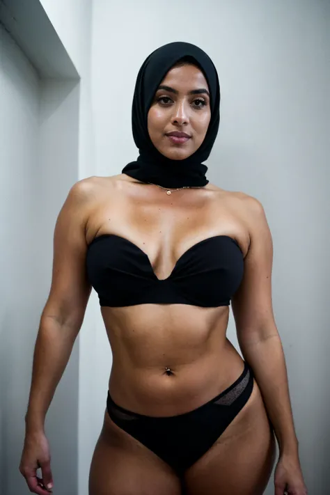 RAW photo,dark,moody,hazy atmosphere,35mm focal lenght,underexposed,cold,candid photograph,artistic,full body,photo of a beautiful,influencer,30yo Moroccan woman,black hijab,detailed skin,naked, looking at viewer, thick body structure,grey background,no ba...