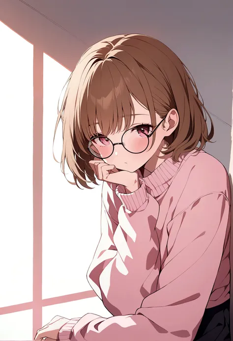 20 year old girl,in a suggestive pose with a pink sweater and skirt of the same color ,short brown hair,he wears round glasses 