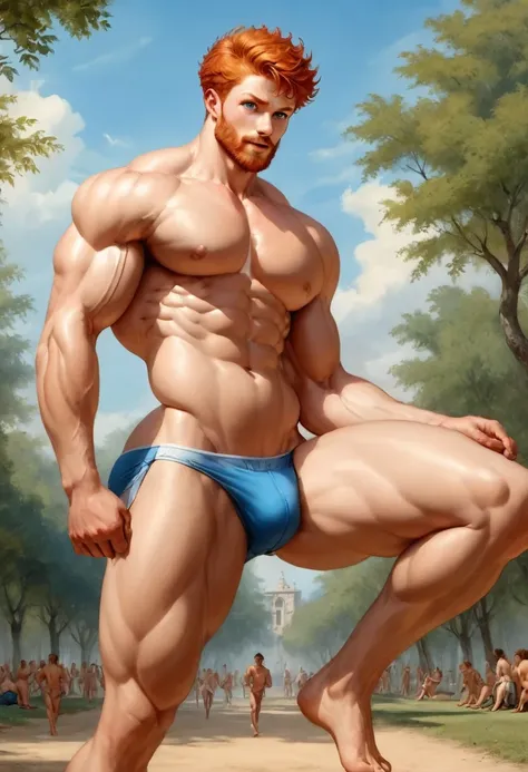 ((1 man standing looking to the viewer and small smile in the park)) fullbody oil painting (( fullbody view from front)) full body, oil painting he is sitting wide open legs looking to the viewer in the park barefoot, shirtless, pantless, perfect detailed ...