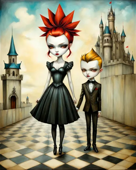 painting of a girl and boy gothic labyrinth sarah jareth david bowie masquerade ball castle mansion checkered floor origami style in the style of esao andrews,esao andrews style,esao andrews art,esao andrewsa  esao andrews, andrews esao artstyle, inspired ...